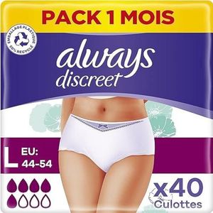 Always Discrete incontinentiebroek voor dames, groot, UK maat 16-22, wit, absorptievermogen 5, 40 ondergoed/onderbroek (10 x 4 verpakkingen), zware blaaslekbescherming/moederschap postpartum,