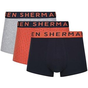 Ben Sherman Heren superzachte katoenen boxershort in oranje/marineblauw/beige met contrasterende elastische tailleband - multipack van 3, Oranje/Navy/Beige, S