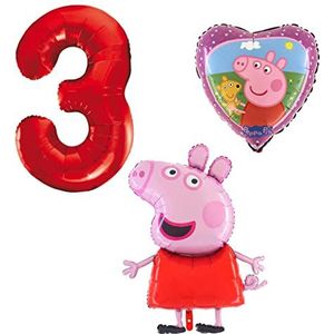 Ballonset Peppa Pig Peppa folieballon, getal 3 in rood, Peppa met teddyhart
