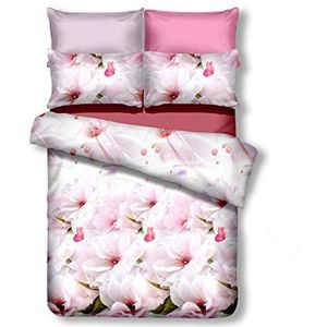 DecoKing 155x220 cm beddengoed met 1 kussensloop 80x80 dekbedovertrek microvezel ritssluiting bloemen Angela Emerald wit roze