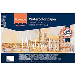 Vaessen Creative Florence Aquarelpapier Pad A5, gebroken wit, 300 GSM, textuur oppervlak, kunstenaarskwaliteit, schetsboek met 24 vellen voor schilder-, handbelettering en kunstprojecten