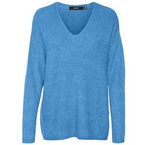 VERO MODA Dames Vmcrewlefile Ls V-Neck Blouse Noos Pullover, Azure Blue/Detail: melange, S