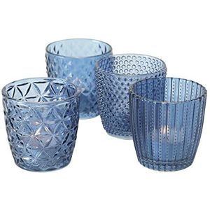Boltze Marilu 1020523 Windlichtset, 4-delig, blauw, decoratieve glazen voor kaarsen, theelichtjes, kaarsenstandaard, diameter 8 cm, verschillende patronen, vorm rond, theelichthouder)