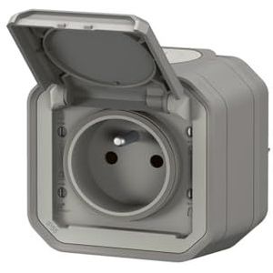 Stopcontact 2P+T LEGRAND waterdicht Plexo grijs 16A 250V ~ IP55 IK08 compleet voor opbouwbevestiging