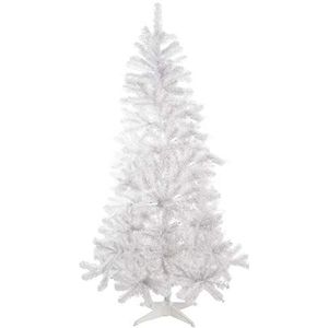 Witte kerstboom (150 cm) met metalen sokkel.