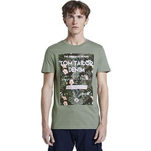 TOM TAILOR Denim Uomini T-shirt met tropische borstprint 1018569, 11557 - Dusty Leave Green, M
