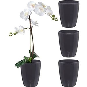 Santino Orchideeënpotten, set van 4, diameter 12 cm, zelfbewaterende pot met waterlontsysteem en waterpeilindicator, voor gebruik binnenshuis, antraciet, 1,3 liter