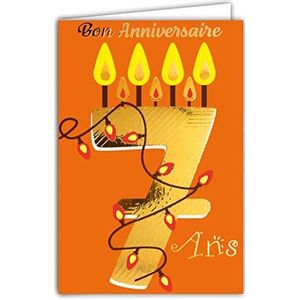 Afie 69-2407 verjaardagskaart, 7 jaar, goud glanzend, gestructureerd, voor kinderen, meisjes, kleurtekst, voor binnen, met envelop, gemaakt in Frankrijk