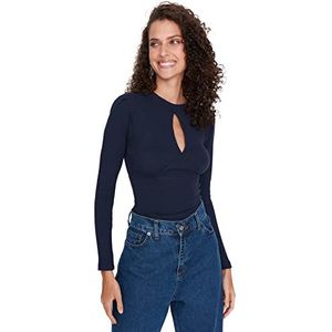 Trendyol Dames getailleerde Basic gebreide blouse met ronde hals, marineblauw, M