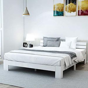 Merax Houten bed tweepersoonsbed | 200 x 140 cm | massief hout | bedframe | lattenbodem | futonbed | grenen bed | wit