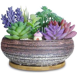 ARTKETTY 8 inch grote ronde sappige plantenbakken met drainage bamboeschaal keramiek geglazuurde bonsai potten voor binnen- / buitenplanten tuin decoratieve cactusbloem container kom