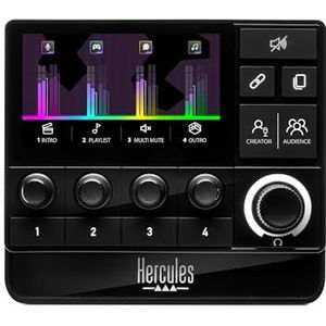 Hercules Stream 200 XLR, PRO-Audiocontroller voor Beheer van Publieks- en Makersmix Live op het Scherm, met Microfoonvoorversterker, LCD-Scherm, Hi-res Encoders, 4 Actiedrukknoppen