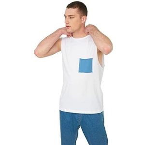 Trendyol Heren witte mannelijke normale pasvorm 100% katoen ronde kraag nul mouwen contrast zakken Athlet T-shirt, wit, medium