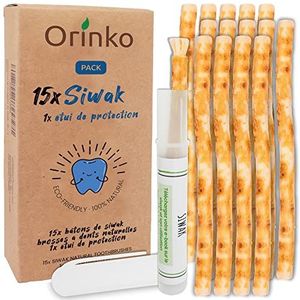 ORINKO Siwak Sticks 15 stuks + beschermhoes - 100% natuurlijke tandenborstel - reiniger, desinfecterend en blekend - milieuvriendelijk, biologisch afbreekbaar en veganistisch - gratis e-book