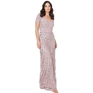 Maya Deluxe Maxi, dames, dames, dames, met geborduurde pailletten, lange mouwen, V-hals, hoge empire-taille, A-snit, glanzende galajurk, bruidsmeisjesjurk, frosted pink, 42