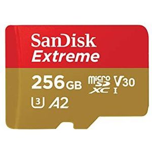 SanDisk Extreme MicroSDXC UHS-I Geheugenkaart 256 GB Met SD Adapter (1 Jaar RescuePRO Deluxe, Leessnelheden Tot 190 MB/s, A2, C10, V30, U3, 30 Jaar Garantie) Rood/Goud