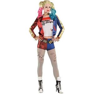 amscan - Harley Quinn kostuum voor volwassenen van Suicide Squad, jas met aangenaaide top, broek, riem, panty, joker, themafeest, carnaval