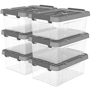 Cetomo 20L* 6 Plastic Opbergdoos, Tote doos, Transparante Organiserende Container met Duurzaam grijs Deksel en Veilige Klink Gespen, Stapelbaar en Nestable, 6Pack