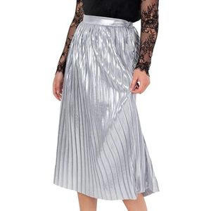 Lovedrobe Dames midi-rok met plooitjes, A-lijn, elastische taille, metallic, glanzend, smart-casual, kantoor, party, zilver, 54, Zilver, 52 NL