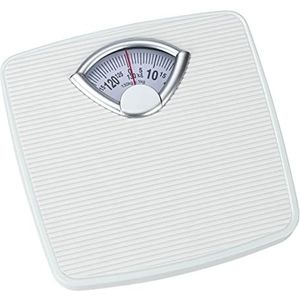 WENKO Mechanische, nauwkeurige, analoge weegschaal met grote schaal en antislipprofiel, meetbereik tot 130 kg in stappen van 1 kg, metalen behuizing in wit, 27 x 4,5 x 26,5 cm