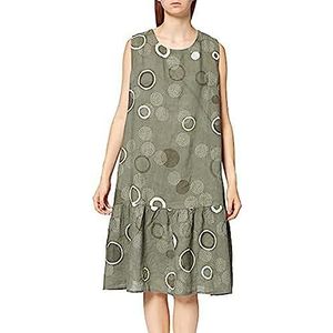 Bonateks, Middellange ronde kraag jurk met print en gekrulde onderkant, 100% linnen, DE-maat: 40 US maat: L, licht kaki - gemaakt in Italië, groen, 40