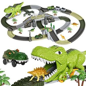 Dinosaurus Speelgoed Racebaan,281 Stuks Dinosaurus Treinspeelgoed voor Kinderen 3 4 5 6 jaar oud,Flexibele Treinrails met 4 Dinosaurussen,2 Elektrische Raceauto's met Verlichting