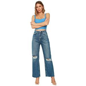 Trendyol Vrouwen Jeans Donkerblauwe toren gedetailleerde hoge taille brede benen jeans, Donkerblauw, 40