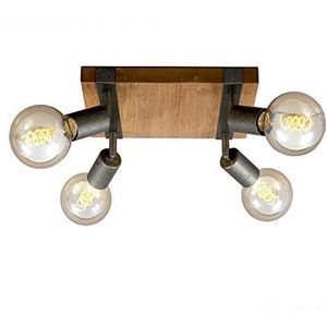 Briloner Leuchten - Spotlamp, plafondspot retro, plafondlamp vintage, draai- en zwenkbaar, 4x E27, metaal hout, kleur: gunmetal, 280x280x90mm (LxBxH), 2900-041