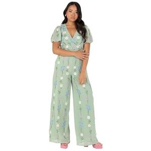 Maya Deluxe Dames jumpsuit korte mouw V-hals wrap stropdas riem open rug geborduurd wijde pijpen voor bruiloft gast gelegenheid, Sage Groen, 40