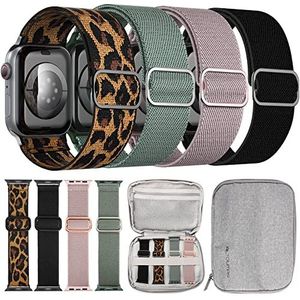 ALTOUMAN CX05021-COR-1-38 Compatibel met Apple Watch armband, stretchy nylon Solo Loop voor SE/7/6/5/4/3/2/1, verstelbare, 41 mm 40 mm 38 mm, 4 verpakkingen,zwart, luipaard, roze, donkergroen