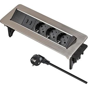 Brennenstuhl Indesk Power Stekkerdoos met USB-lader / inbouw stekkerdoos 3-voudig (2 USB-laadcontactdozen, 2m kabel) zilver/zwart