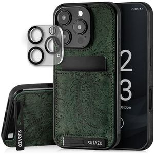 SURAZO Echt leren achterhoes voor Apple iPhone 16 Pro Max, stootvast leren telefoonhoes, camerabescherming, glas, kaartvak, standfunctie, sleutelhanger, bumper achterkant, beschermhoes, bloemen