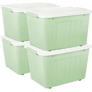 Cetomo 80L x 4 opbergdozen met wielen, plastic opbergdoos met deksel, vergrendelende gespen, kliksluiting, stapelbaar, nesten, duurzame organizer voor thuiskantoorkleding, groen, 80L-4 Pack