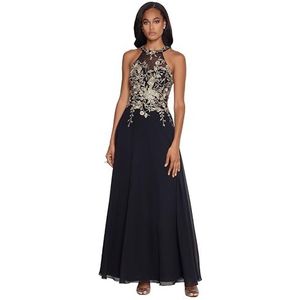 Betsy & Adam Women's Long Embroidered Halter Chiffon Gown, Black/Gold