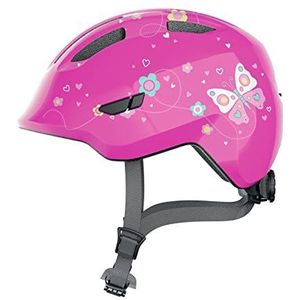 ABUS Smiley 3.0 kinderhelm - fietshelm met lage pasvorm, kindvriendelijke designs & ruimte voor een varkensstaart - voor meisjes en jongens - roze met vlindermotief, maat M