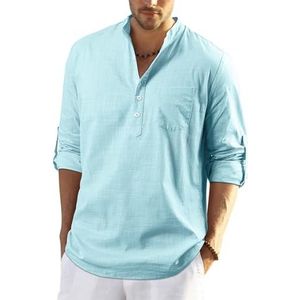 Enlision Heren Casual Katoenen Shirt Lange Mouw Button Down Zomer Lichtgewicht Henley Shirt Tops, Water Blauw, 3XL