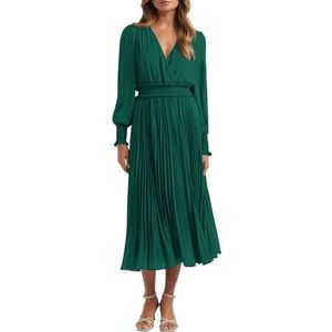 PRETTYGARDEN Womens Wrap V Neck Dresses for Wedding Guest Casual Pleated Long Sleeve Midi Dress Ruffle Smocked Long Dress (Dark Green,Large)