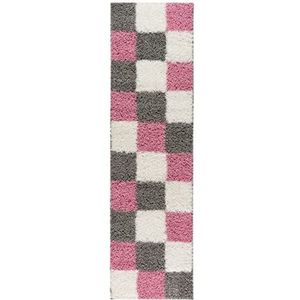 mynes Home Shaggy tapijt hoogpolig roze grijs wit 30 mm/langpolig tapijten geruit/loper gang / 70x250 cm