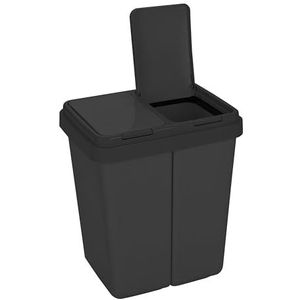 Ribelli Zweimer Duo vuilnisbak met deksel, 2 x ca. 25 liter, kunststof vuilnisemmer voor de keuken, geurdichte afvalemmer afvalscheidingssysteem, ca. 45 x 32 x 51 cm, zwart, 502000