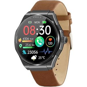 Knauermann PRO 3 (2024) zwart - gezondheidshorloge smartwatch met telefoonfunctie - ECG + HRV en SOS-functie - AMOLED-display, BT Bluetooth - slaapapneu - echt lederen band bruin, 14-24, rond, bruin,