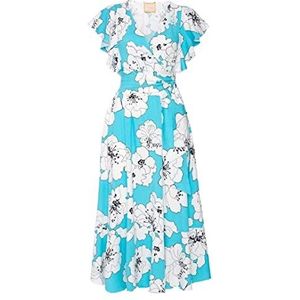 Swing Fashion Cocktailjurk voor dames, feestelijke jurk, feestjurk, zomerjurk, jurk met ruches, vrijetijdsjurk, mini-jurk, elegante jurk, V-hals, turquoise met witte bloemen, XS/S, turquoise, XS/S