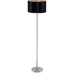 EGLO Vloerlamp Maserlo, 1 lamp textiel staande lamp, staande lamp van staal en stof, kleur: mat nikkel, zwart, goud, fitting: E27, incl. voetschakelaa