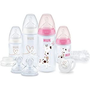 NUK First Choice+ Perfect Start Babyflessenset, originele uitrusting met 4 babyflessen, flessenborstel en meer, met temperatuurcontrole, anti-koliek, BPA-vrij, 0-6 maanden, roze/wit, 9-delige set