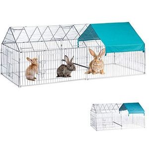 Relaxdays uitloopren voor konijnen en kippen, met zonnedoek, optionele zitstang, groot buitenren, 85x100x220 cm, zilver