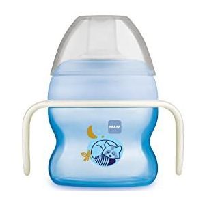 MAM Starter Cup Night Baby drinkbeker (150 ml), drinkfles voor eerste drinkpogingen, babybeker met lichtgevende en antislip handvatten, vanaf 4 maanden, wasbeer