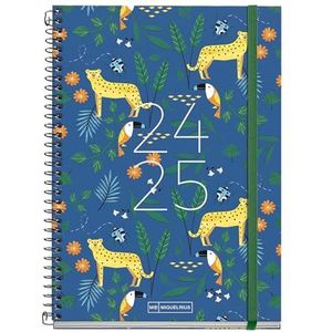 Miquelrius Schoolagenda 2024-2025, september 24 tot juni 25, 155 x 215 mm, dagplanner, omslag van karton, kalender 2024-2025, metalen spiraal, zwart, Spaans en Engels, jungle