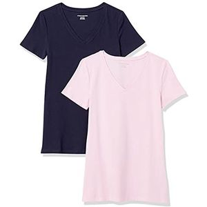 Amazon Essentials Dames Classic-Fit T-shirt met korte mouwen en V-hals, verpakking van 2 stuks, marineblauw/lichtroze, maat S