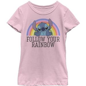 Disney Lilo & Stitch Stitch Rainbow Girl's Solid Crew Tee, Light Pink, XS, Rosa, XS