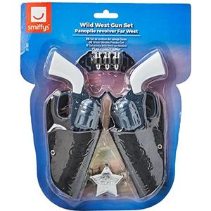 Smiffys Unisex speelgoed pistolen set, 2 pistolen met houder, Sheriff badge en patronen, één maat, zwart, 21182