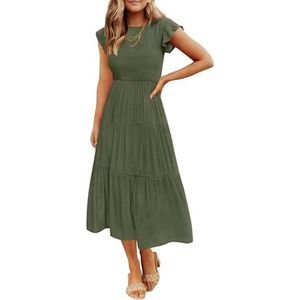 ZESICA Zomerjurk, dames casual flutter korte mouw ronde hals gesmokte elastische taille tiered midi, Leger Groen, S